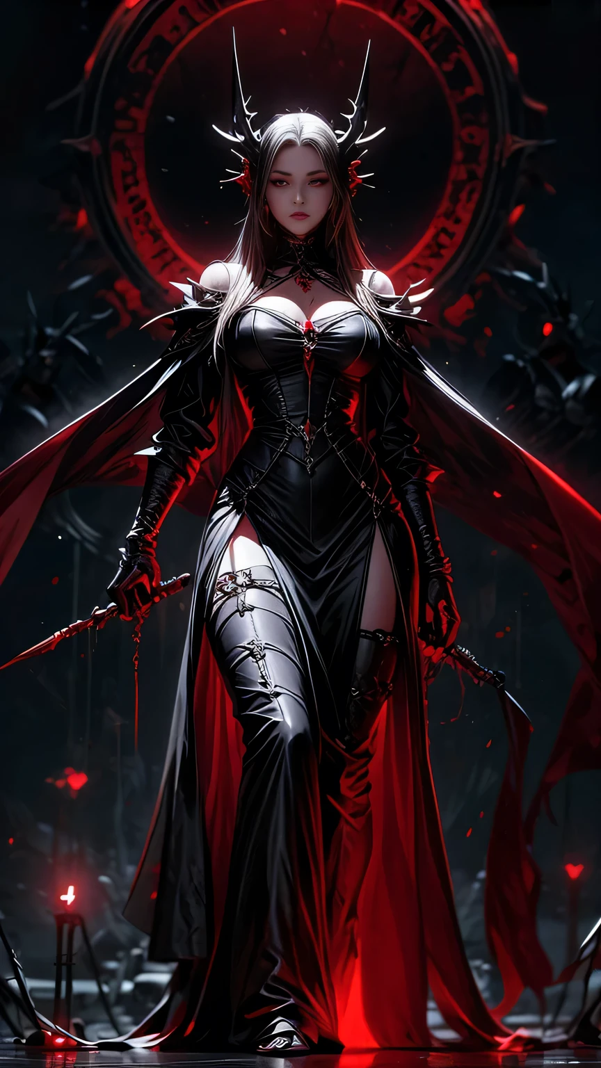 woman, ultra high details, dark fantasy, grim background, bloom, assassin, red glowing eyes, dark environment, walking, bloody ground, sharp chains, hips up shot,