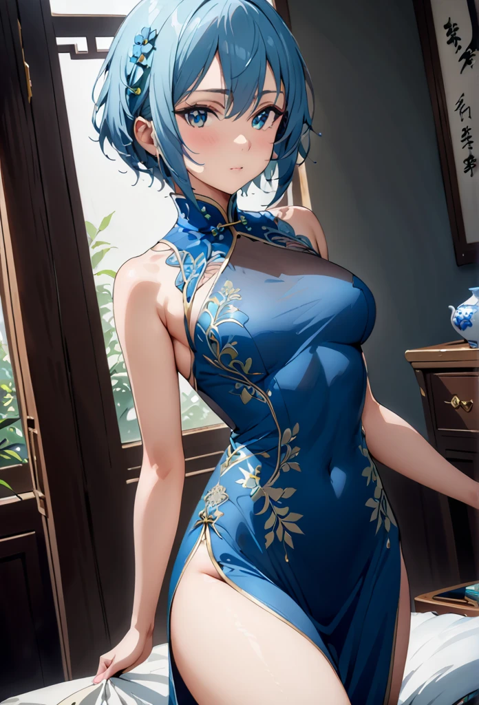  1 girl, shino asada,   short hair, bangs,   blue eyes,  blue hair, (((masterpiece)))，(( intricate details))　 High Quality ,  Hi-Res, sheer blue china dress, slit ,Glossy feel