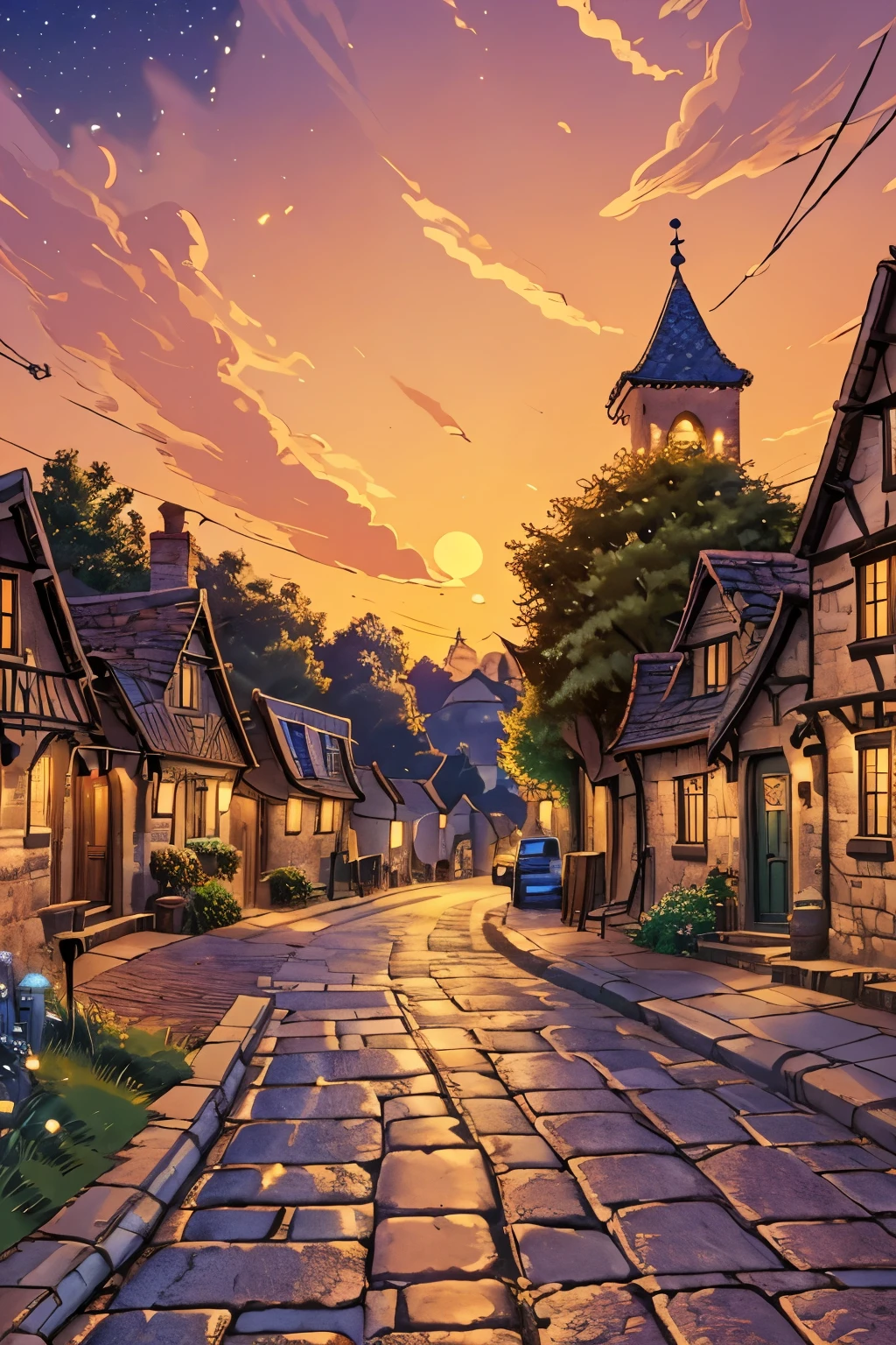 a view of a village street, beautiful cityscape, beautiful village, amazing wallpaper, beautiful iphone wallpaper, village twilight landscape, dusk on a village street, village street at dusk, phone wallpaper hd, twilight in the village, city sunset night, street village night, beautiful wallpaper, village sunset, village streets,