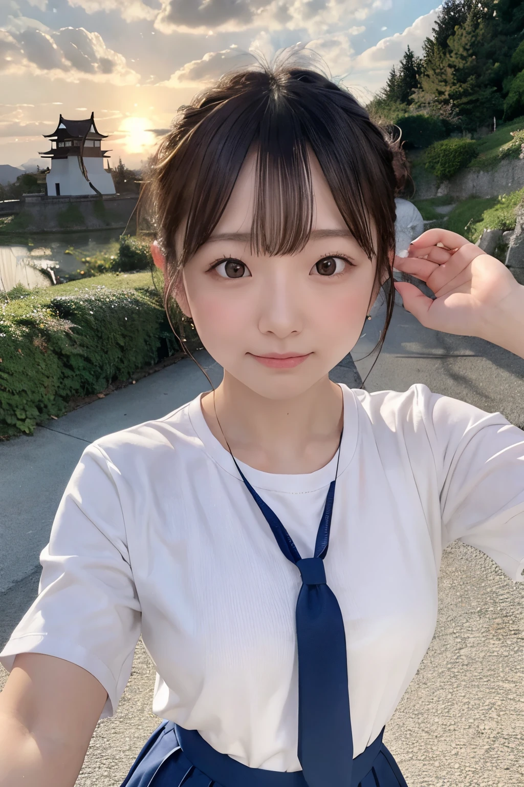 my castle town, 
8k, raw photo, best quality, high resolution, realistic, photorealistic, extremely detailed 8k wallpaper, beautifully detailed eyes, finely detailed exquisite face, 
 break 
cinematic lighting, 
 break 
early winter, (japanese castle background:1.4, 
sunset glow, white gravel roads, cloud), inaka, river, 
 break 
perfectly anatomically correct:1.1, 
 break 
1 female is passing through lattice doors:1.2, 
kawaii:1.0, short hair bun, 
looking up to the sky, 
[wet hair], 
[
wearing neat school gym uniform, 
[symmetrical clear eyes, chocolate color eyes with captivating reflections], 
[symmetrical face line, stereoscopic projection of ], 
[chiseled face, rounded jaw, [round face, double eyelids, moderate eye bags, wide-set eyes, tareme], 
[[embarrassed, blush]], 
seventeen, 
[opening mouth]], 
high tensioned creases form in clothing due to lifted beautiful ideal ellipse protruding shape medium soft buttocks upturned, 
 break 
sfw:1.0, 
 break 
framing photo:1.2, from below:1.1