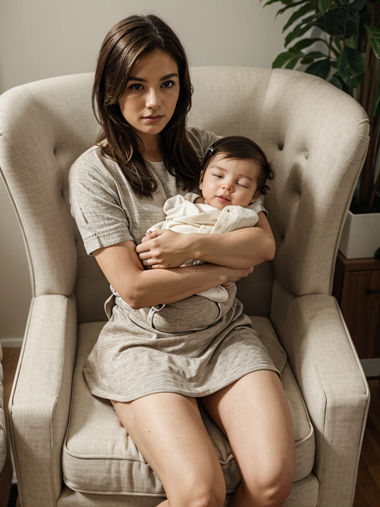 a mother with brown hair, bangs and brown clothes holding her baby girl, long hair, black hair, red eyes, bangs and pink newborn clothes in her arms standing in nursery at night