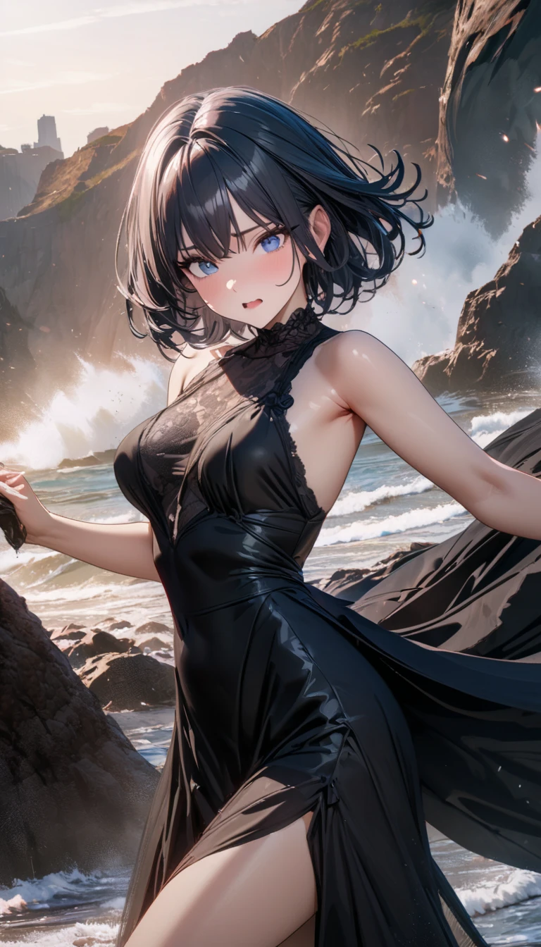 Masterpiece, high quality, high resolution, semi-realistic, 2.5D, perfect anatomy, super-detailed and detailed illustrations, sfw,
Subject: {A naive  boldly splashing about by the water}
Subtitle: {short bob with blue eyes}{black lace dress in gothic fashion}{splashing and bouncing}{rocky beach by the sea}{innocent smile}{digital SLR camera, f/2.8, 1/1000 sec, ISO 200, sharpness enhanced}

A girl with a short bob and shining blue eyes is innocently playing on a rocky beach by the sea. She is wearing a black lace dress in gothic fashion, splashing and bouncing about energetically. Her innocent smile sparkles and you can see she is having fun. The expansive sea and blue sky in the background further enhance the beauty of nature. Shot with a digital SLR camera at f/2.8 aperture, shutter speed 1/1000 s and ISO 200, the sharpness enhancement captures her movements clearly. The way the waves crashing on the rocks reflect the light and sparkle is beautiful. Her pose and facial expressions are refined in this image, which resembles a photogravure shoot for a fashion magazine.