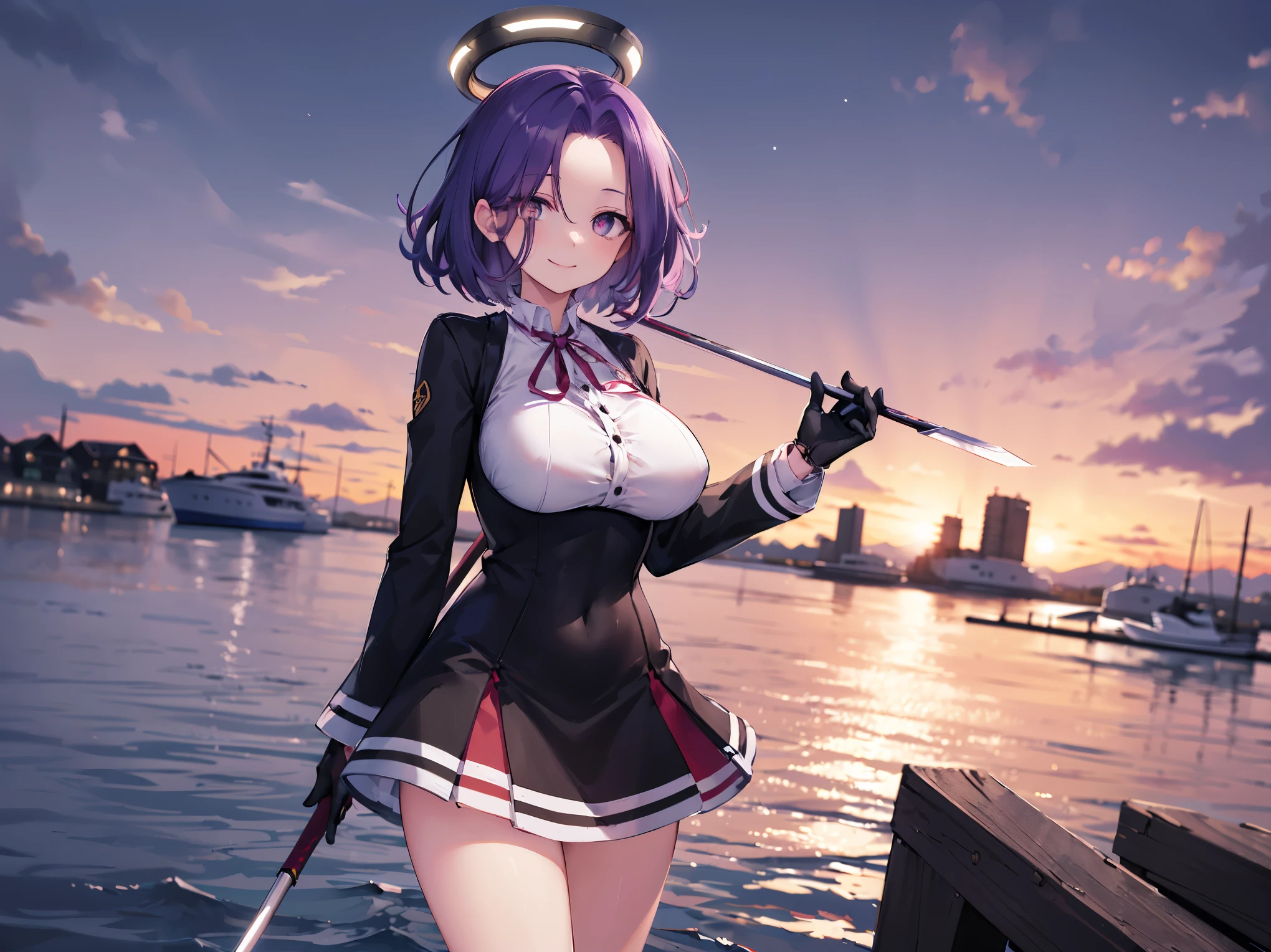 masterpiece, best quality, highres, mechanical halo, (big_breasts:1.2), black dress, neck ribbon, long sleeves, black gloves, outdoors, cowboy shot, standing, holding weapon, polearm,smile,,harbor_town_landscape,purple_halfeyes,(scornful eyes:1.4)