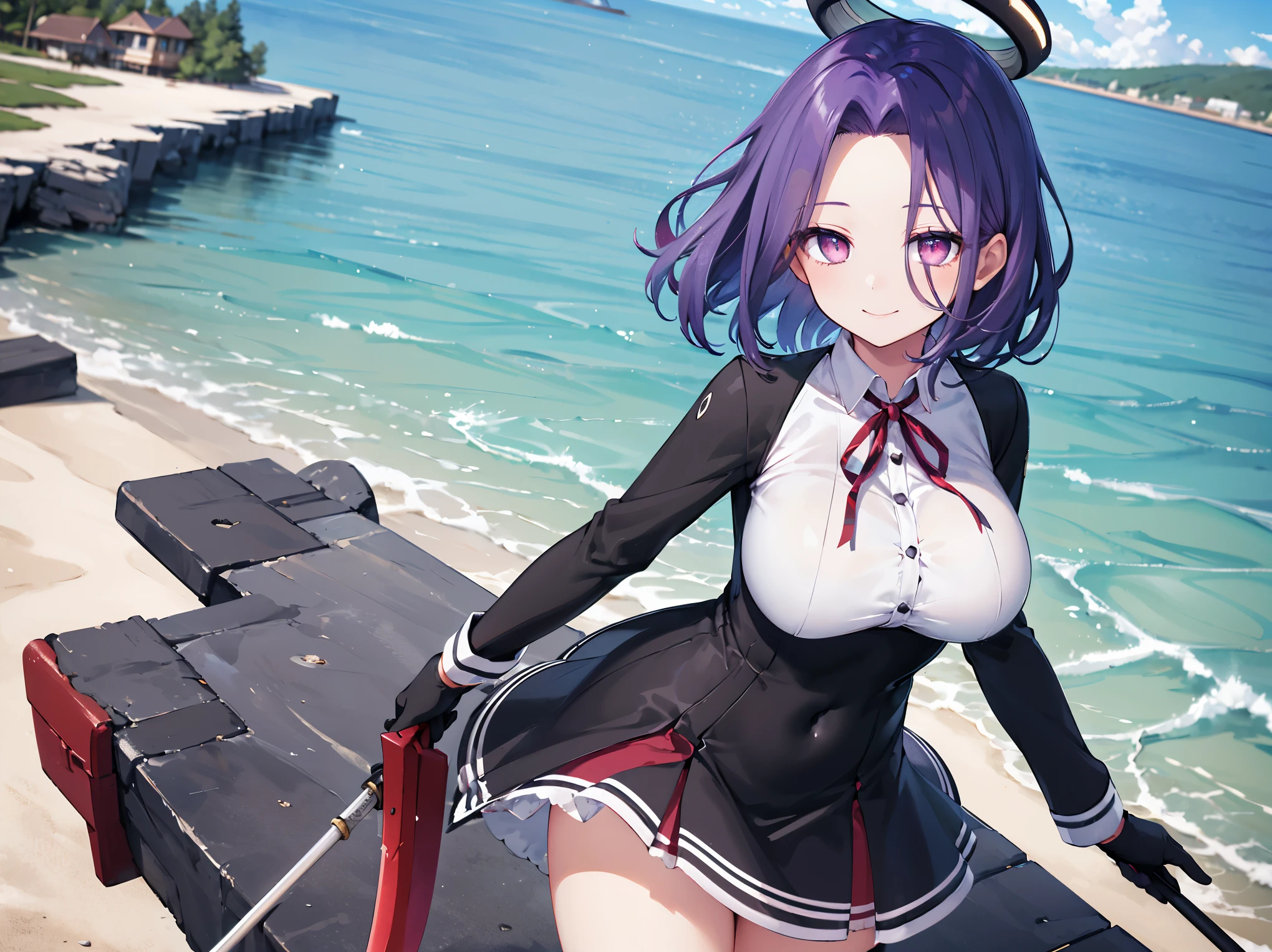 masterpiece, best quality, highres, mechanical halo, (big_breasts:1.2), black dress, neck ribbon, long sleeves, black gloves, outdoors, cowboy shot, standing, holding weapon, polearm,smile,,harbor_town_landscape,purple_halfeyes,(scornful eyes:1.4)