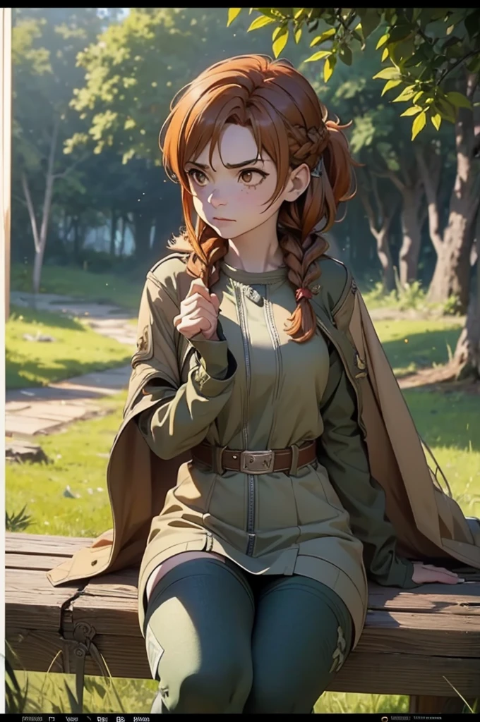 Beautiful 20 year old european woman with dark auburn hair, bangs, short hair, braided updo, freckles, dimples: 1.3, hazel eyes, high quality, high detail, perfect features, perfect face, caught in sword art online, determined look, action pose, fighting a boss monster in the forest, injured, tired, dirty, sword skills