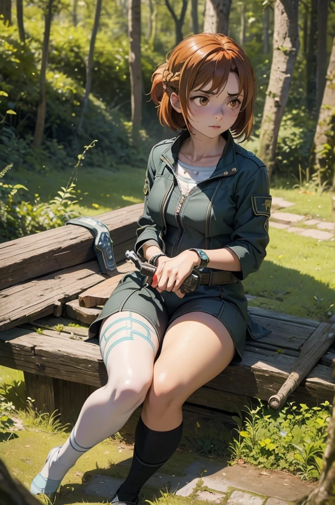 Beautiful 20 year old european woman with dark auburn hair, bangs, short hair, braided updo, freckles, dimples: 1.3, hazel eyes, high quality, high detail, perfect features, perfect face, caught in sword art online, determined look, action pose, fighting a boss monster in the forest, injured, tired, dirty, sword skills