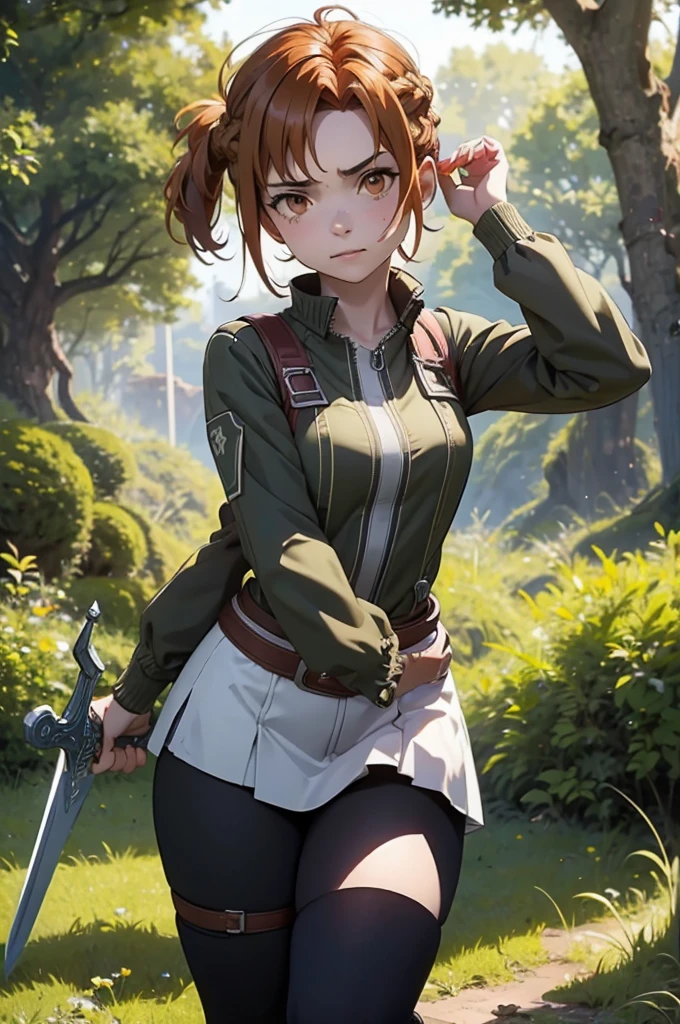 Beautiful 20 year old european woman with dark auburn hair, bangs, short hair, braided updo, freckles, dimples: 1.3, hazel eyes, high quality, high detail, perfect features, perfect face, caught in sword art online, determined look, action pose, fighting a boss monster in the forest, injured, tired, dirty, sword skills