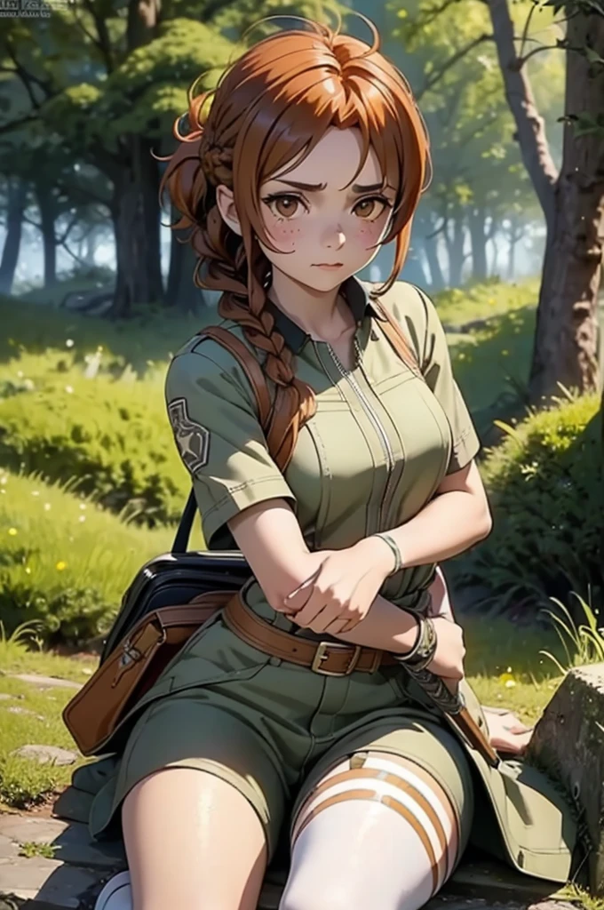 Beautiful 20 year old european woman with dark auburn hair, bangs, short hair, braided updo, freckles, dimples: 1.3, hazel eyes, high quality, high detail, perfect features, perfect face, caught in sword art online, determined look, action pose, fighting a boss monster in the forest, injured, tired, dirty, sword skills