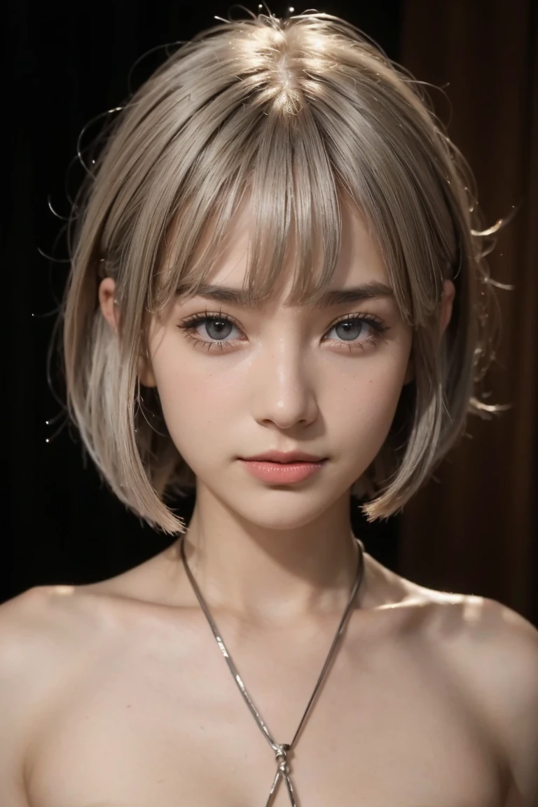 (((nude)))、(Best Quality, masterpiece),  1 girl,  beautiful girls, brown_eye, ((hair color [Silver hair], [ pixie cut with bangs ] hair)),  earrings for a woman alone, lips, Short sleeve,Realistic,  thin waist, Charming,  colorful makeup  , Long eyelashes,  white skin, (cute), (Detailed face), 詳細ed eye, Detailed iris,、,(front focus),( in the dark :1.6), Looking for a Smile, fantasy art,  photorealistic,  dynamic lighting ,  Art Station , Poster, Stereo lighting ,  very detailed face  , 4k yen, Awards,,  one girl ,  in the dark ,  deep shadow hidden in the shadows, Modest, cowboy shots,((((Tightly bound: 1.1)))) ,長いhair,灰色のhair,