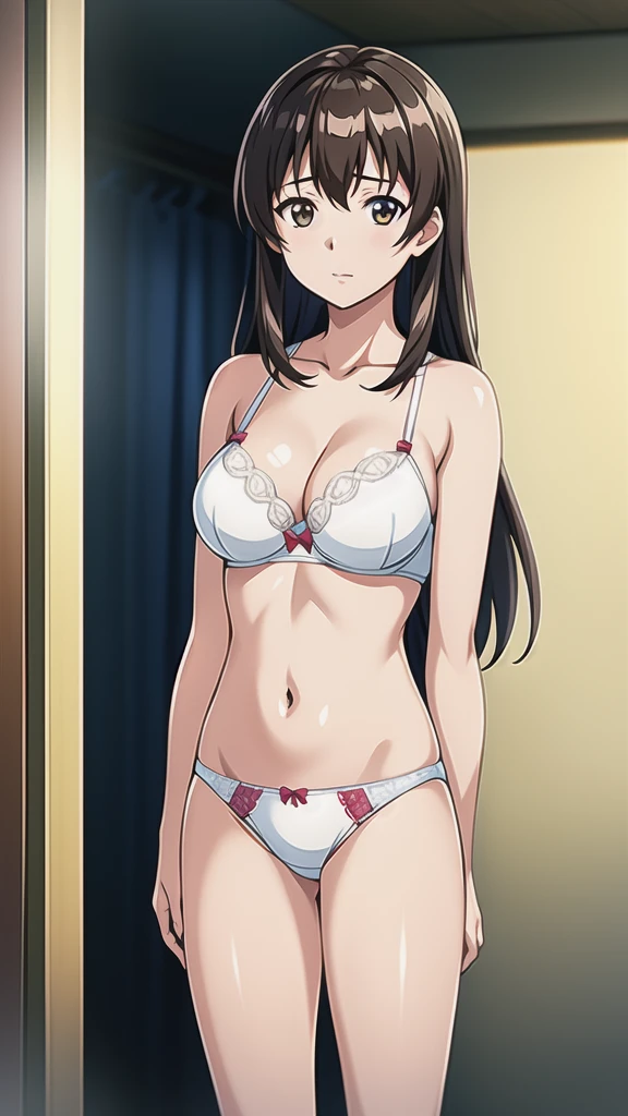 Shimizu Kaori、22 years old、Brown Hair、Long Hair、、悲しいface、Brown Eyes 、 Full Body Style 、 normal breasts、、 narrow waist 、Bare legs、In underwear、、 upper body bra、 white bra、lower body panties ，White ribbon panties，White pumps、 Official Art, Extremely Detailed CG Unity 8k Wallpaper, full light,  colorful , bright _ Front_face_Lighting,  shiny skin, ( masterpiece:1.0),(Highest_quality:1.0), 超 Hi-Res,4K, Ultra Detailed Photoshoot , 8k,  Hi-Res,  Hi-Res,  absurd:1.2,  Kodak Portra 400, film grain,  blurry background, Bokeh:1.2,  lens flare , ( lively_ color:1.2), Professional photography, Anime Images、