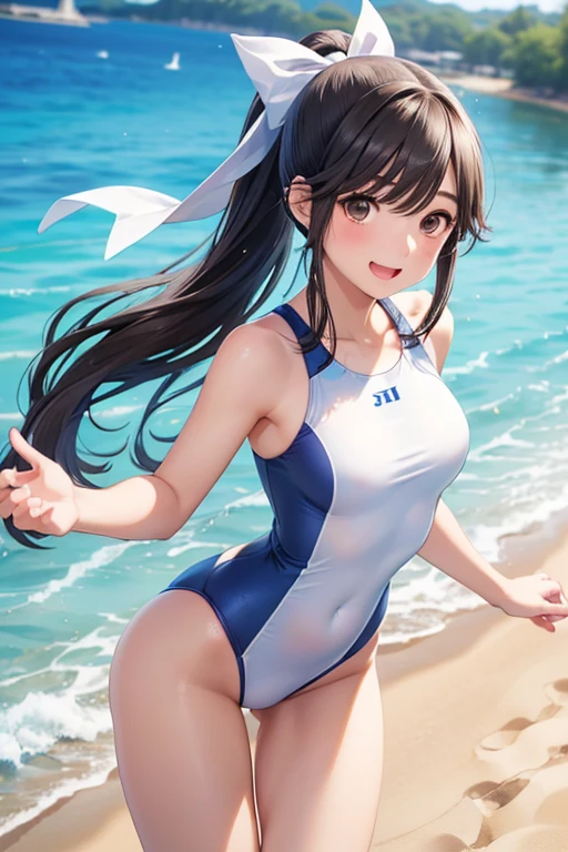 Takane Manaka、 Shiny brown long hair、White ribbon ponytail, beautiful brown eyed middle school students 、smile、Sparkling Eyes, (fine grain)、 very detailed eyes、 very detailed face ,  very detailed eyes, masterpiece, Best Quality,  Hi-Res, (Best Quality,masterpiece:1.2),Alone,Alone、 cowboy shots、


nsfw,

((4K, 8k, Best Quality, Perfect means:1.3, perfect anatomy:1.3,   blur background )), 1 person,  Laughter, (Trichrome , 1 Piece Swimsuit ),  full body angle,  White Sand Beach , smile,  open your mouth,