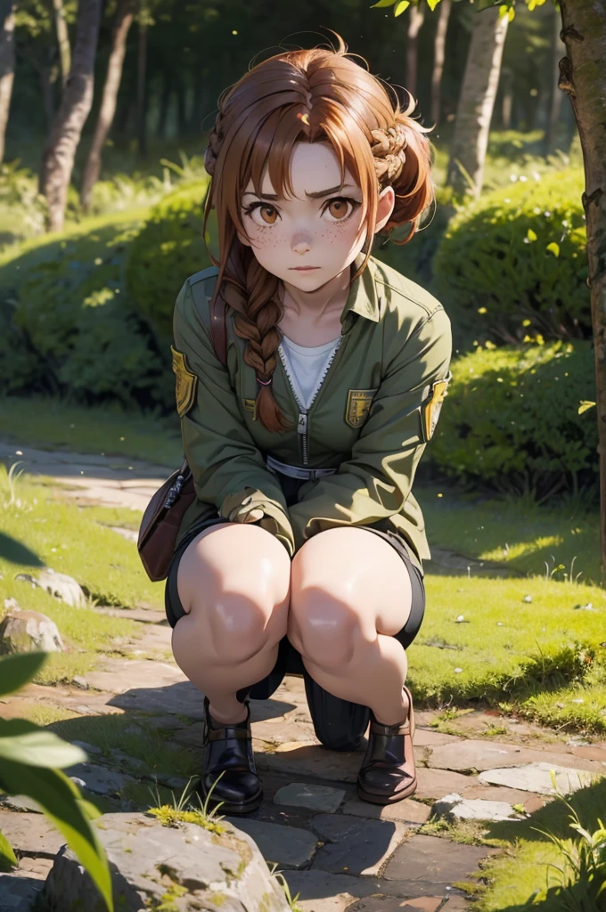 Beautiful 20 year old european woman with dark auburn hair, bangs, short hair, braided updo, freckles, dimples: 1.3, hazel eyes, high quality, high detail, perfect features, perfect face, caught in sword art online, determined look, action pose, fighting a boss monster in the forest, tired crouch