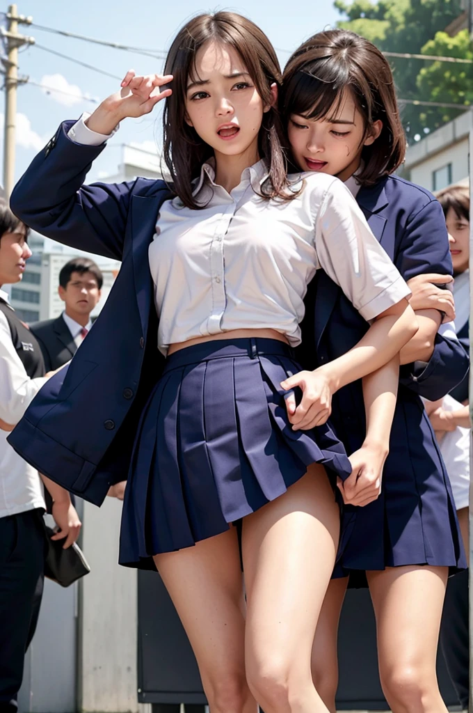 清楚な Japaneseの美人女子学生を物色する中年男性たち,   female students are suddenly taken off their school uniforms in front of the public and their sexy underwear is revealed , Female students who are being watched all at once by the public and horny viewers and screaming ,  Female students who are attacked head-on by molesters who are present and reveal an abomination by putting on a shameful face, Forcibly gang raping female students who are ashamed and put up with it :1.3,  nasty men who open their mouths and scream excited by the reaction of the female students ,   female students with a bad face when their underwear gets wet and hopeless due to shame , Short wavy bob hair, Vivid and realistic, blush, Distorted Eyes,  ultra high resolution, 2k,  clear white skin , Slender body,  Japanese,  anatomically correct 