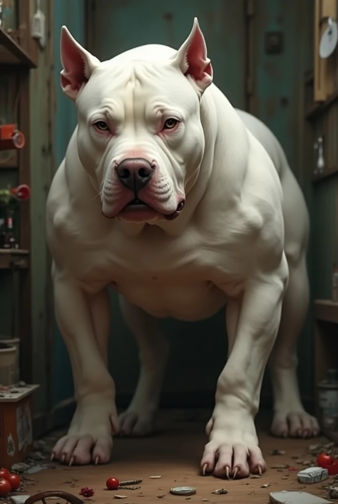 Hyperrealistic, highly detailed textures, Anthro, bull terrier, kemono, male, huge muscles, (huge pecs:1.2), detailed fur, uncropped, dungeon, stepping in puddle,