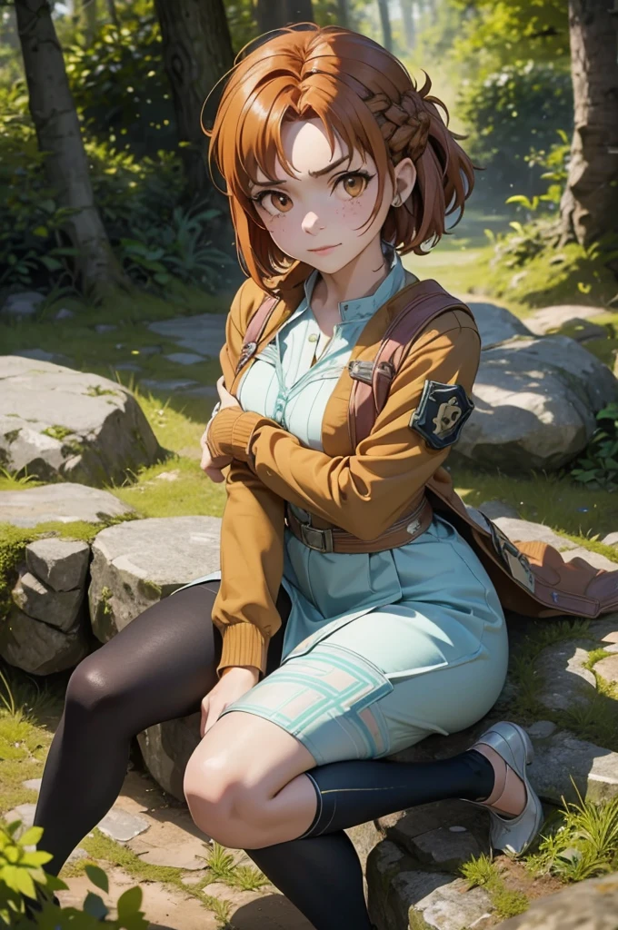 Beautiful 20 year old european woman with dark auburn hair, bangs, short hair, braided updo, freckles, dimples: 1.3, hazel eyes, high quality, high detail, perfect features, perfect face, caught in sword art online, determined look, action pose, fighting a boss monster in the forest, tired charge