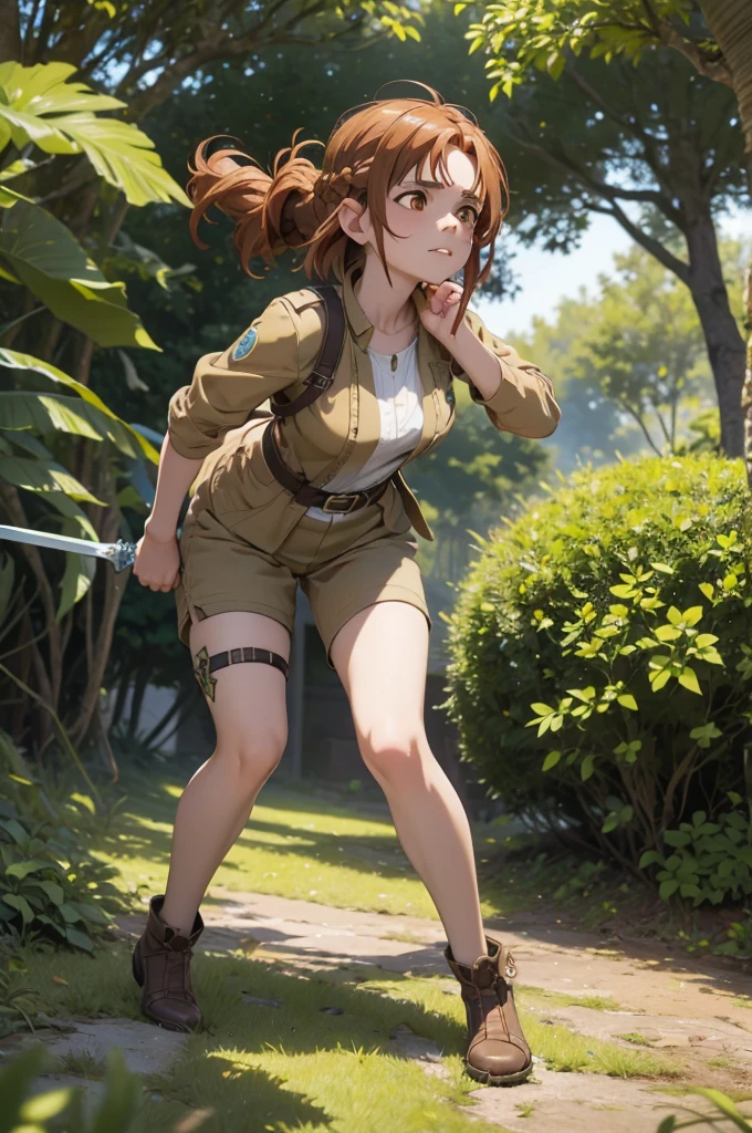 Beautiful 20 year old european woman with dark auburn hair, bangs, short hair, braided updo, freckles, dimples: 1.3, hazel eyes, high quality, high detail, perfect features, perfect face, caught in sword art online, determined look, action pose, fighting a boss monster in the forest, tired charge