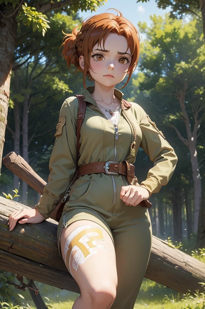 Beautiful 20 year old european woman with dark auburn hair, bangs, short hair, braided updo, freckles, dimples: 1.3, hazel eyes, high quality, high detail, perfect features, perfect face, caught in sword art online, determined look, action pose, fighting a boss monster in the forest, tired charge