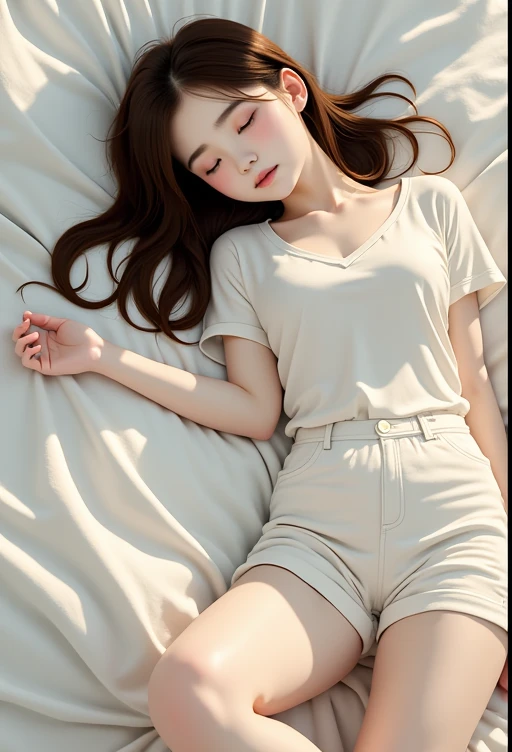  is lying down and sleeping、White shorts、Long Hair