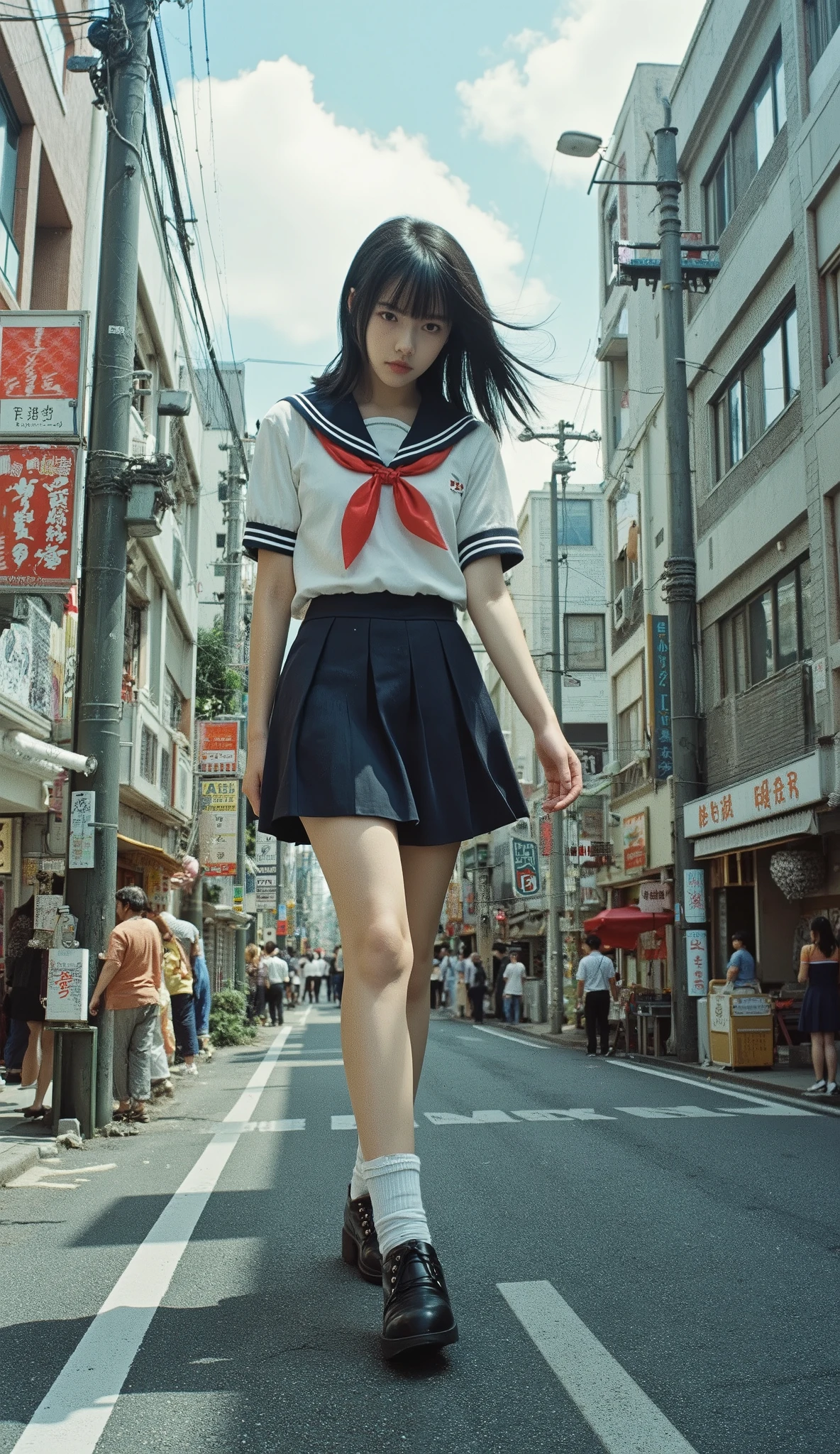 A 100-meter-tall high school girl is walking through the streets of Tokyo. She appears casual, almost indifferent, as she strolls, occasionally cracking the pavement with her steps. Dressed in a traditional sailor-style school uniform, her skirt sways in the breeze, casting a massive shadow over the surrounding buildings. Small structures and neon signs line the streets, while people either look up in awe or scramble to get out of her way. Amidst the usual city noise, her footsteps echo through the urban landscape