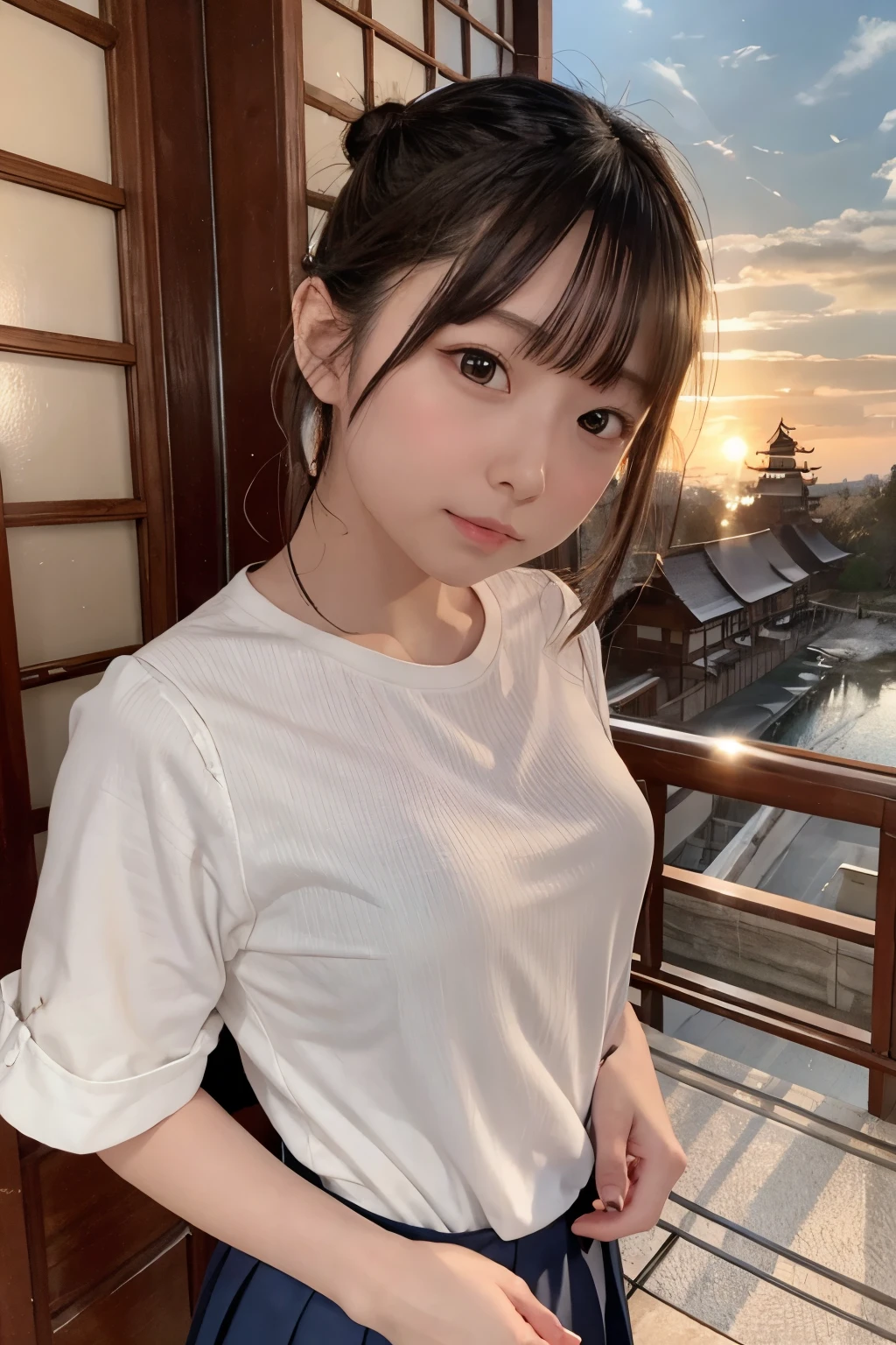 my castle town, 
8k, raw photo, best quality, high resolution, realistic, photorealistic, extremely detailed 8k wallpaper, beautifully detailed eyes, finely detailed exquisite face, 
 break 
cinematic lighting, 
 break 
early winter dead leaves, (japanese castle background:1.4, 
sunset glow, cloud), inaka, river, [white gravel roads], 
 break 
perfectly anatomically correct:1.1, 
 break 
1 female is passing through lattice doors:1.3, 
kawaii:1.0, [short hair bun], 
looking up to the sky, 
[wet hair], 
[
wearing neat school uniform, 
[symmetrical clear eyes, chocolate color eyes with captivating reflections], 
[symmetrical face line, stereoscopic projection of baby face], 
[chiseled face, rounded jaw, [round face, double eyelids, moderate eye bags, wide-set eyes, tareme], 
[[embarrassed, blush]], 
seventeen, 
[opening mouth]], 
high tensioned creases form in clothing due to lifted beautiful ideal ellipse protruding shape medium soft buttocks upturned, 
 break 
sfw:1.0, 
 break 
framing photo:1.2, from below:1.1