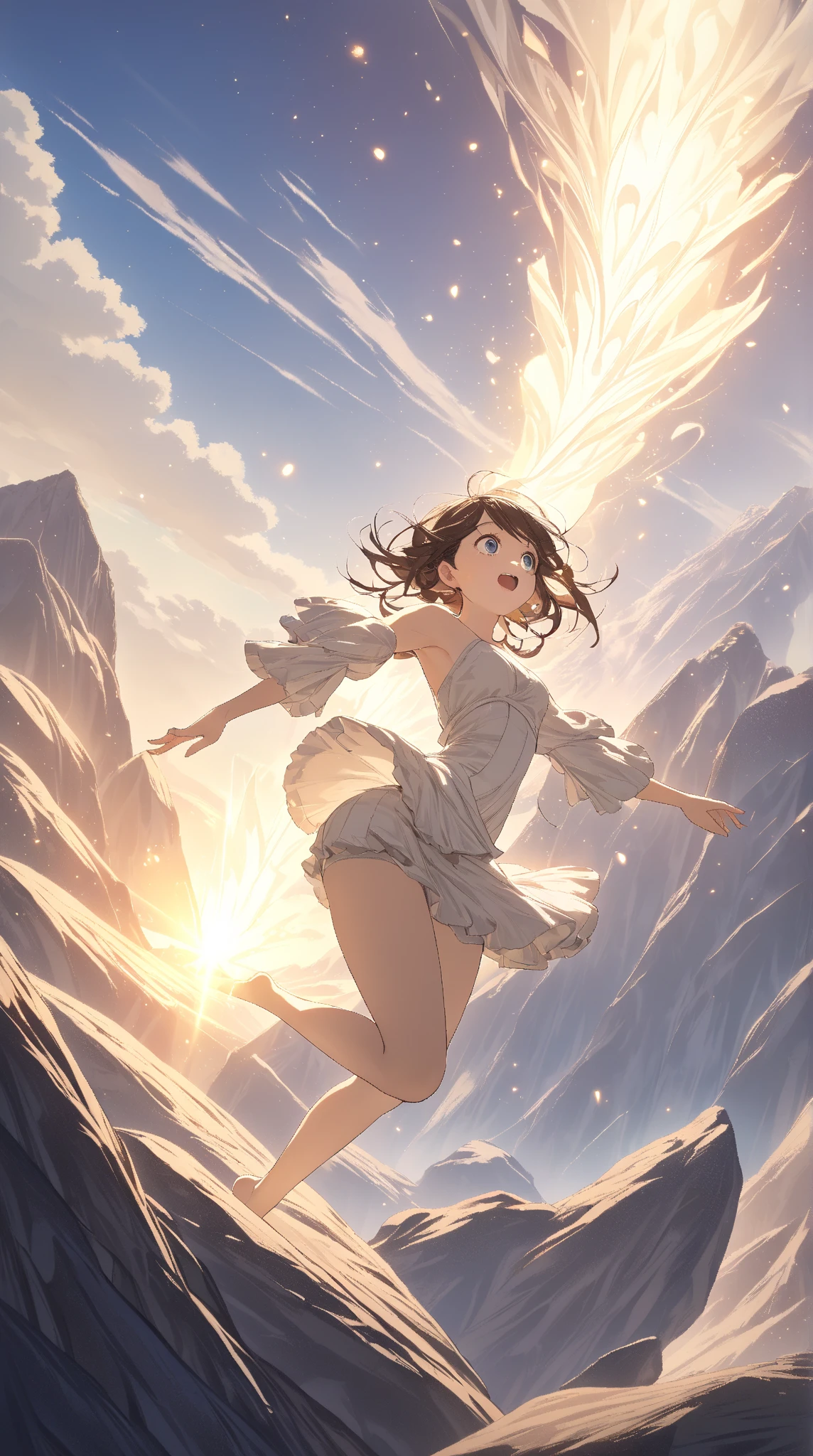 Completely nakedの女の子、Jumping off a cliff into the sea、blue sky、Angle from below、Flying with arms and legs outstretched、Completely naked、Nipples、Pussy