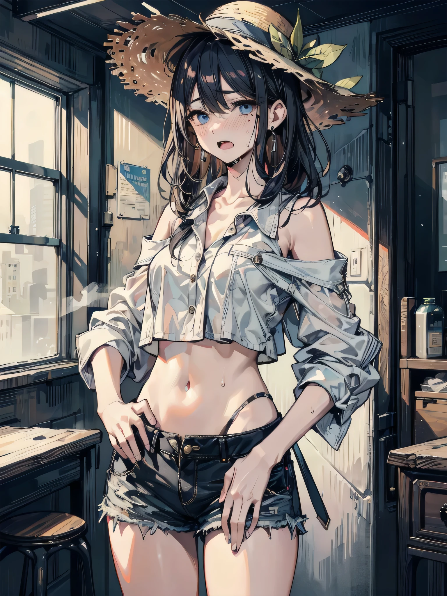 casual, (blouse, white shirt, buttoned shirt), bare shoulders, collarbone,puffy sleeves, short sleeves, gathers, frills, midriff, navel,underboob, denim shorts, straw hat, absurdres, RAW photo, extremely delicate and beautiful, masterpiece, Best Quality, ultra high resolution, 32k, hyperrealistic, ultra-detailed, perfect figure, tearful mole, earring, whole body shot, short medium hair, wavy hair,