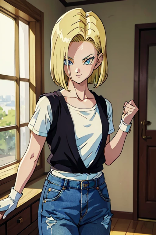 (masterpiece,Best Quality, 4K, 8k, Ultra delicate, masterpiece:1.2), Super detailed, (Realistic, photoRealistic, photo-Realistic:1.37) , Dragon Ball Android No. 18,Created in Dragon Ball anime style,(Her hair is bright gold),Bob Hair,Show your forehead,Android 18 hairstyle,(Realisticな肌),smile, beautiful skin , Charming, beautiful details in her eyes ,Beautiful light blue eyes, White Bead Number Necklace,black gilet ,jeans,shirt, tuck in ,gloves,Android No. 18 Clothes ,Plains,(Combat with enemies,Clenched Fist,Straight right),Lightning Spot 1 .3,アートスタイルはCharmingなアニメスタイルに似ている, rendering, HDR must be added for better visual effects  ,Ultra delicate,  studio lighting  , Fine painting,  sharp concentration, 物理ベースrendering, professional,  bright color ,(((Best Quality))), ((Super detailed)),((masterpiece:1.5)), Detailed Photos, (Best Quality: 1.4), Ultra delicate, High image quality,Perfect means,Perfect body,Perfect means