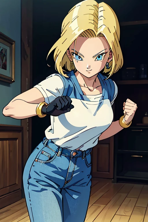 (masterpiece,Best Quality, 4K, 8k, Ultra delicate, masterpiece:1.2), Super detailed, (Realistic, photoRealistic, photo-Realistic:1.37) , Dragon Ball Android No. 18,Created in Dragon Ball anime style,(Her hair is bright gold),Bob Hair,Show your forehead,Android 18 hairstyle,(Realisticな肌),smile, beautiful skin , Charming, beautiful details in her eyes ,Beautiful light blue eyes, White Bead Number Necklace,black gilet ,jeans,shirt, tuck in ,gloves,Android No. 18 Clothes ,Plains,(Combat with enemies,Clenched Fist,Straight right),Lightning Spot 1 .3,アートスタイルはCharmingなアニメスタイルに似ている, rendering, HDR must be added for better visual effects  ,Ultra delicate,  studio lighting  , Fine painting,  sharp concentration, 物理ベースrendering, professional,  bright color ,(((Best Quality))), ((Super detailed)),((masterpiece:1.5)), Detailed Photos, (Best Quality: 1.4), Ultra delicate, High image quality,Perfect means,Perfect body,Perfect means