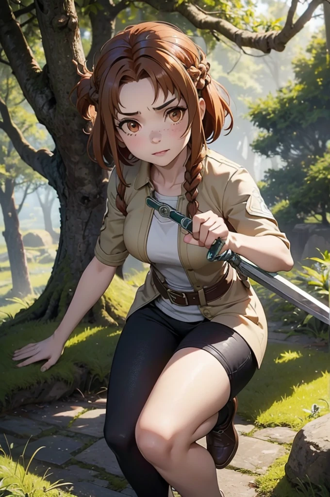 Beautiful 20 year old european woman with dark auburn hair, bangs, short hair, braided updo, freckles, dimples: 1.3, hazel eyes, high quality, high detail, perfect features, perfect face, caught in sword art online, determined look, action pose, fighting a boss monster in the forest, dirty