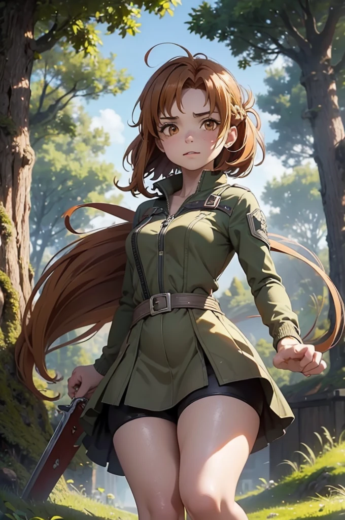 Beautiful 20 year old european woman with dark auburn hair, bangs, short hair, braided updo, freckles, dimples: 1.3, hazel eyes, high quality, high detail, perfect features, perfect face, caught in sword art online, determined look, action pose, fighting a boss monster in the forest, dirty