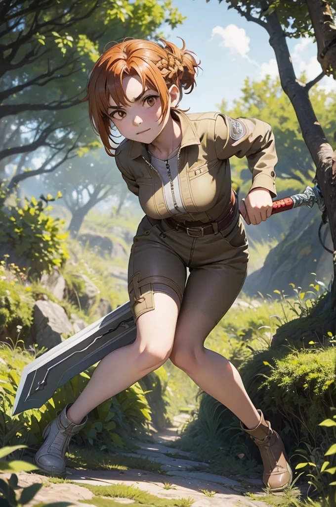 Beautiful 20 year old european woman with dark auburn hair, bangs, short hair, braided updo, freckles, dimples: 1.3, hazel eyes, high quality, high detail, perfect features, perfect face, caught in sword art online, determined look, action pose, fighting a boss monster in the forest, dirty