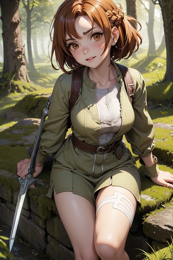 Beautiful 20 year old european woman with dark auburn hair, bangs, short hair, braided updo, freckles, dimples: 1.3, hazel eyes, high quality, high detail, perfect features, perfect face, caught in sword art online, determined look, action pose, fighting a boss monster in the forest, dirty