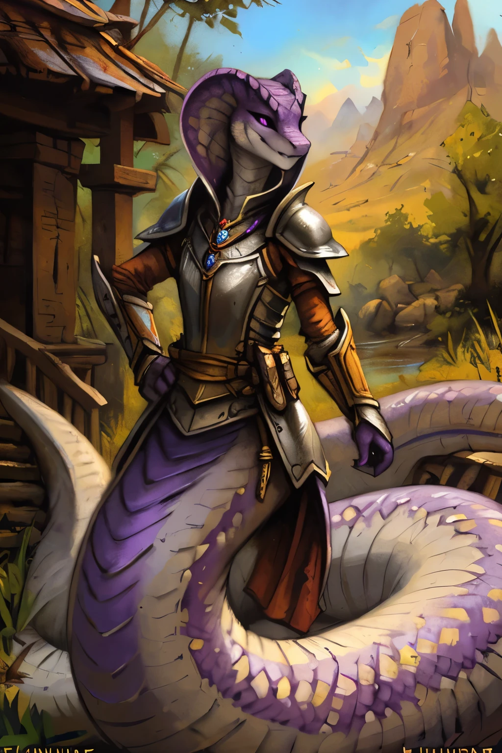 (((by fluff-kevlar, by Kenket, by Kilinah))), solo male, corroded white skin, corroded white scales, ((detailed white (naga, lamia), (purple markings))), (wear (silver armor)), (lower half of a white snake, snake body, naga), front view, looking at viewer, corrupted, (elegant, sleek), purple eyes, adventurer, Dungeons and dragons, yuan-ti, pathfinder