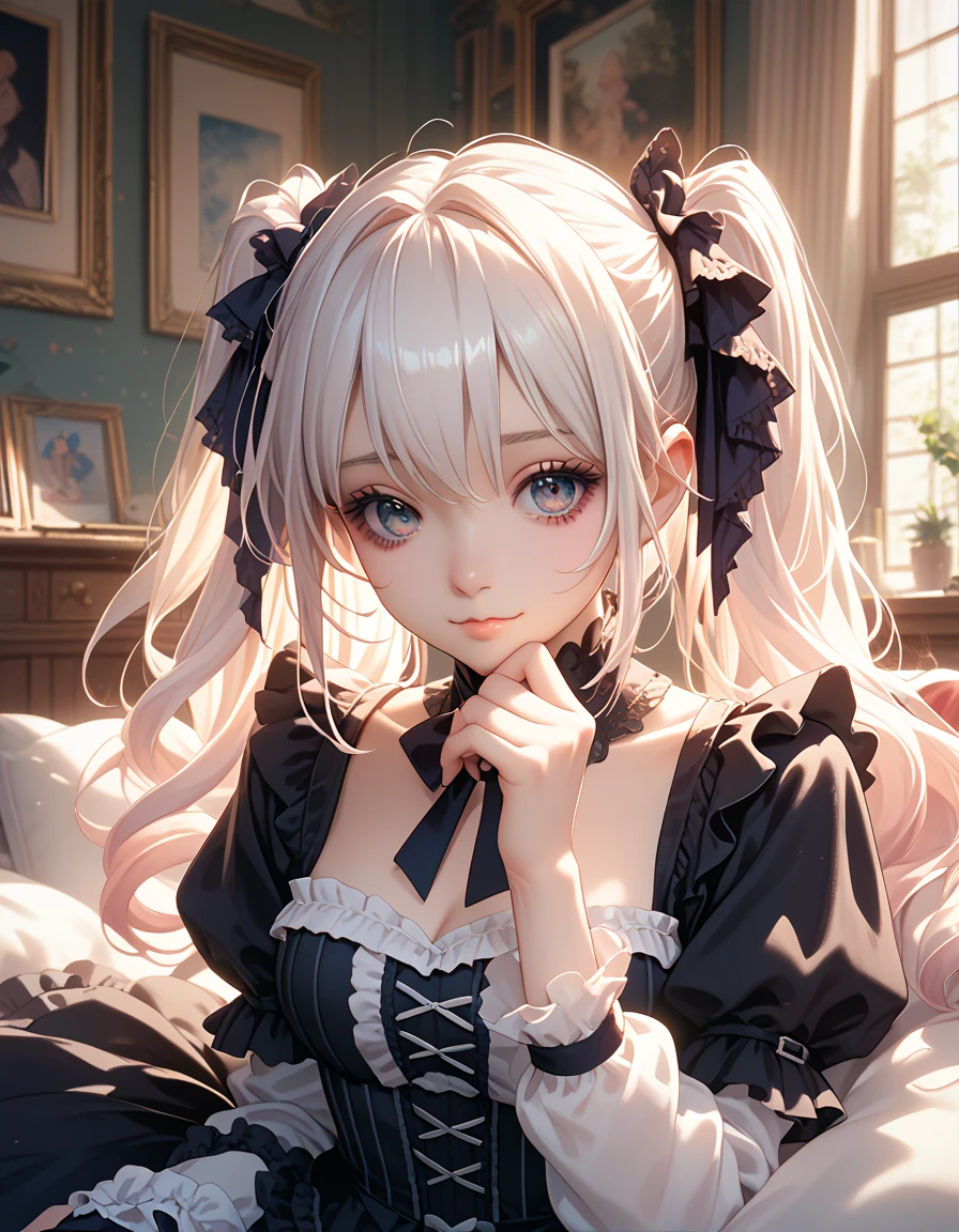 at home,  1 girl at home, Gentle face, Twin ponytails, Gentle face,  Gothic Lolita ,  based on white clothes,Long hair, White hair, 