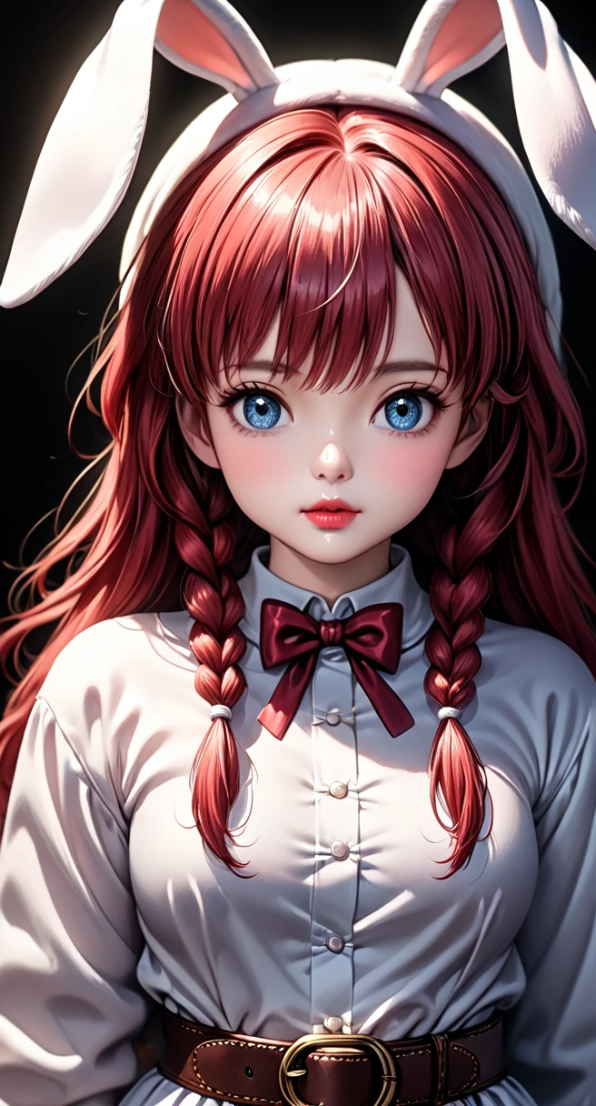 girl in a bunny costume, Ran Ma, long red hair, braided belt, extremely detailed, beautiful eyes, beautiful lips, beautiful facial features, cute expression, highly detailed, 8k, masterpiece, photorealistic, studio lighting, vivid colors, fantasy, magical, whimsical