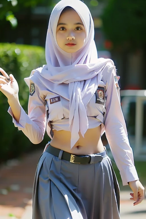 (((Ultra-HD-quality-details))) , school girl wearing hijab (Hijabi) , long sleeve uniform  , navel visible  ,indistinct ,ramping ,low waisted long skirt  (hip contiguous) like a belly dancer  ,belt buckle  ,realistic,(8k resolusion)