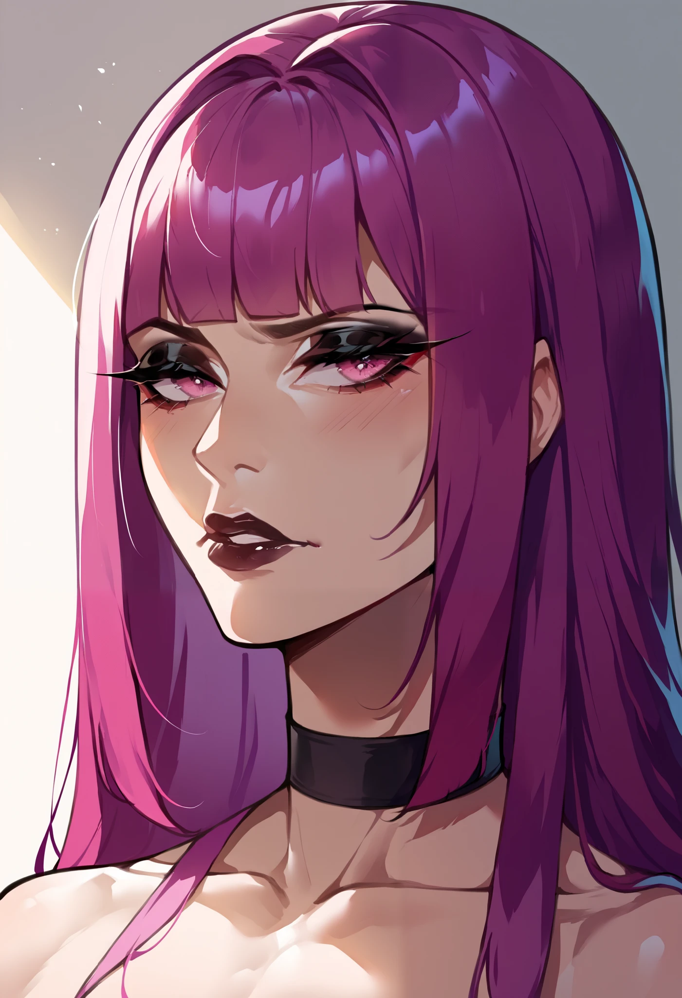 Score_9, score_8_up, score_7_up, adult, (mature:1.2), asian, femboy, pouting, solo focus, magenta hair, hime cut, toned,black lips, black eyeshadow, pink eyes, eyeliner, choker, close up, soft lighting, shadow, Nyantcha style, source_anime, rating_explicit