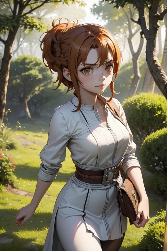 Beautiful 20 year old european woman with dark auburn hair, bangs, short hair, braided updo, freckles, dimples: 1.3, hazel eyes, high quality, high detail, perfect features, perfect face, caught in sword art online, determined look, action pose, fighting in the forest, 