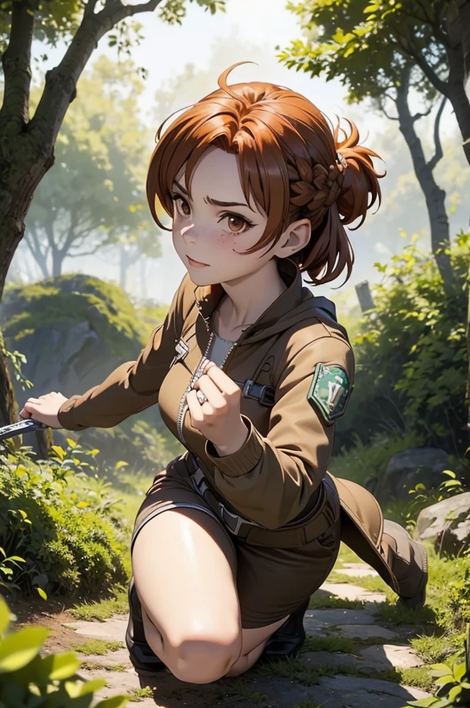 Beautiful 20 year old european woman with dark auburn hair, bangs, short hair, braided updo, freckles, dimples: 1.3, hazel eyes, high quality, high detail, perfect features, perfect face, caught in sword art online, determined look, action pose, fighting in the forest, 