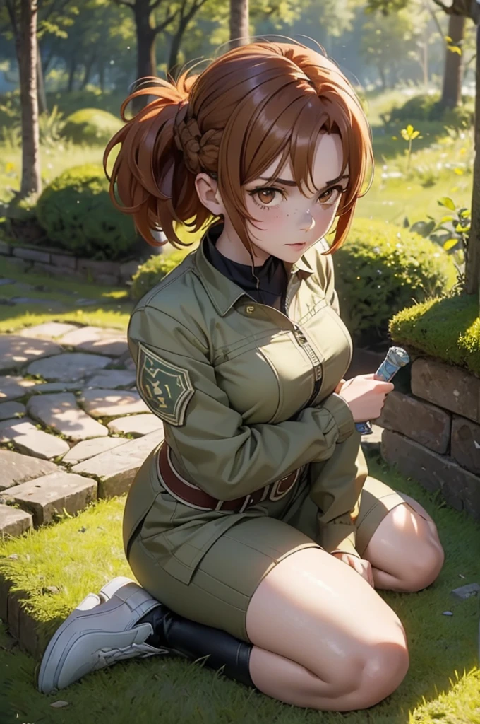 Beautiful 20 year old european woman with dark auburn hair, bangs, short hair, braided updo, freckles, dimples: 1.3, hazel eyes, high quality, high detail, perfect features, perfect face, caught in sword art online, determined look, action pose, fighting in the forest, 