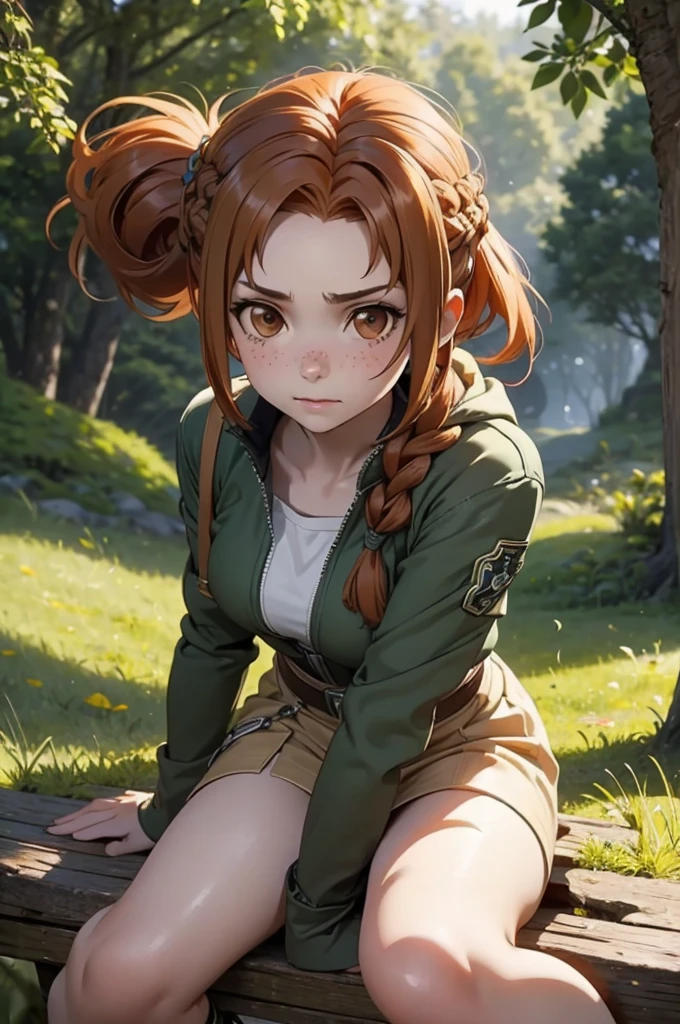 Beautiful 20 year old european woman with dark auburn hair, bangs, short hair, braided updo, freckles, dimples: 1.3, hazel eyes, high quality, high detail, perfect features, perfect face, caught in sword art online, determined look, action pose, fighting in the forest, 