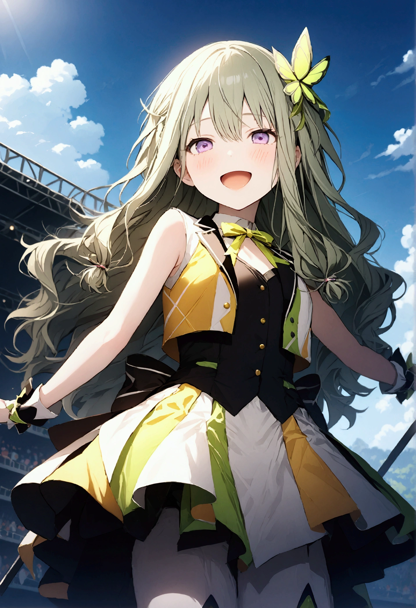 High image quality 、masterpiece、 High Quality  、Full HD、4K 、 depict only one girl、 viewed from below、Show me your whole body、Kusanagi Nin々、Green long hair 、Yellow butterfly hair ornament、 purple eyes、slim、 white and green and yellow idol uniform、 smile、Blushing cheeks、Red  on cheeks、 flat chest、Wearing white boots、 skirt swings 、small outdoor stage 、 no-one stage 、 jumping 、 open your mouth、Singing、blue sky