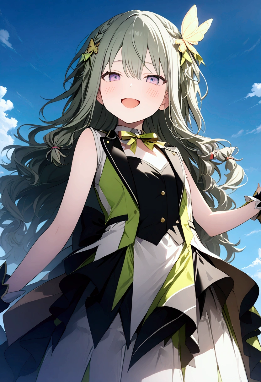 High image quality 、masterpiece、 High Quality  、Full HD、4K 、 depict only one girl、 viewed from below、Show me your whole body、Kusanagi Nin々、Green long hair 、Yellow butterfly hair ornament、 purple eyes、slim、 white and green and yellow idol uniform、 smile、Blushing cheeks、Red  on cheeks、 flat chest、Wearing white boots、 skirt swings 、small outdoor stage 、 no-one stage 、 jumping 、 open your mouth、Singing、blue sky