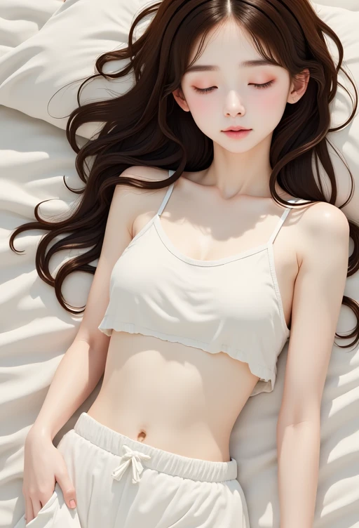  is lying down and sleeping、White shorts、Long Hair、Mouth open