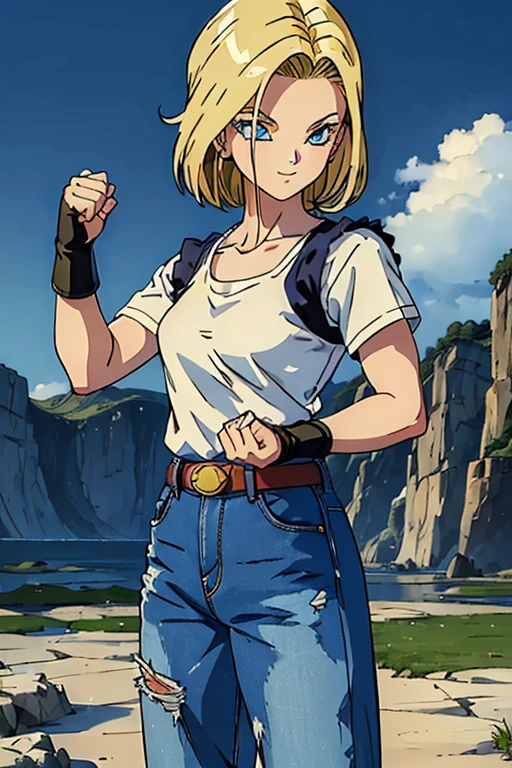 (masterpiece,Best Quality, 4K, 8k, Ultra delicate, masterpiece:1.2), Super detailed, (Realistic, photoRealistic, photo-Realistic:1.37) , Dragon Ball Android No. 18,Created in Dragon Ball anime style,(Her hair is bright gold),Bob Hair,Show your forehead,Android 18 hairstyle,(Realisticな肌),smile, beautiful skin , Charming, beautiful details in her eyes ,Beautiful light blue eyes, White Bead Number Necklace,black gilet ,jeans,shirt, tuck in ,gloves,Android No. 18 Clothes ,Outdoor, Rock Field,(Combat with enemies,Clenched Fist,Straight right),Lightning Spot 1.5,rain,アートスタイルはCharmingなアニメスタイルに似ている, rendering, HDR must be added for better visual effects  ,Ultra delicate,  studio lighting  , Fine painting,  sharp concentration, 物理ベースrendering, professional,  bright color ,(((Best Quality))), ((Super detailed)),((masterpiece:1.5)), Detailed Photos, (Best Quality: 1.4), Ultra delicate, High image quality,Perfect means,Perfect body,Perfect means