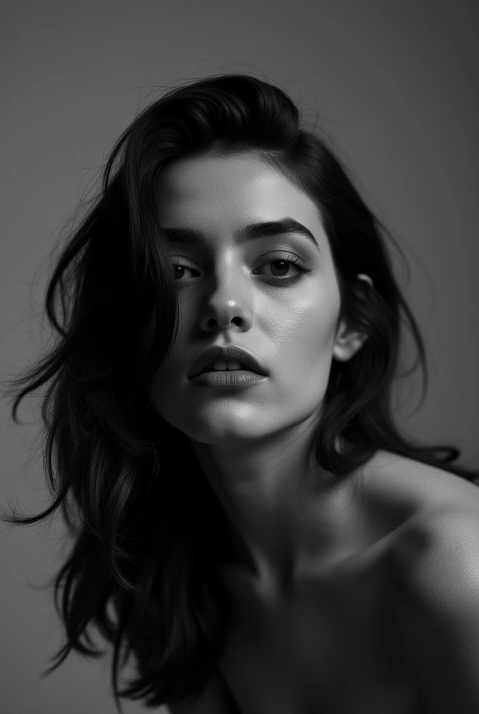 aesthetic posing, a black and white portrait of a woman's face. The woman is facing the camera, with her head turned slightly to the side. Her hair is styled in loose waves and falls over her shoulders. The background is a plain grey color, and the focus is on the woman's head and upper body. The image is taken from a low angle, making her face the focal point of the image. The lighting is soft and dramatic, creating a sense of depth and dimension. The overall mood of the portrait is somber and contemplative.