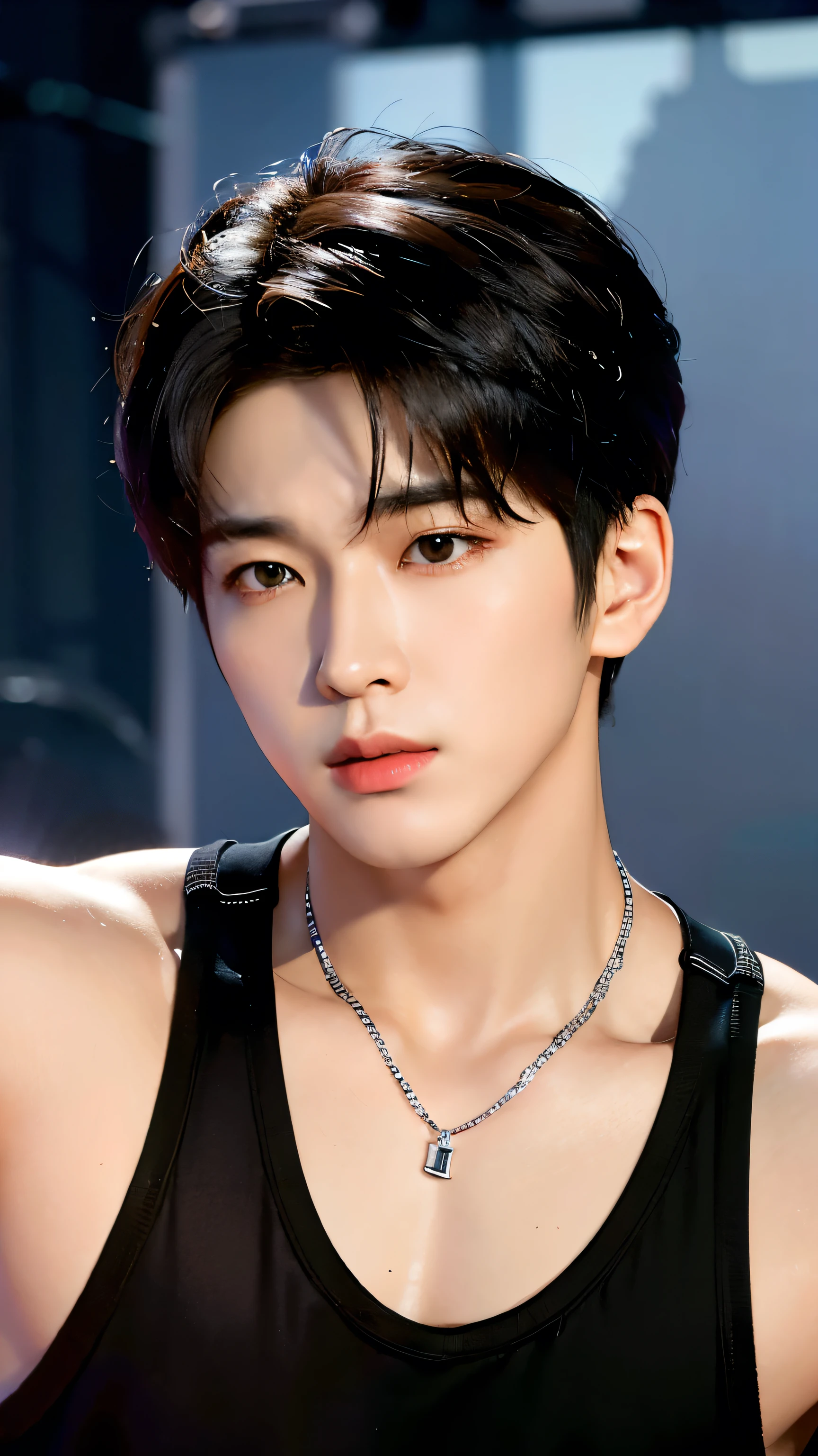 Wonoo Seventeen ,A close-up shot of a handsome Korean male singer adjusting his microphone and putting on studio headphones, looking focused and ready to perform. He is wearing all black low-cut tank top and Low-waisted tight pants, and a silver chain around his neck, subtly revealing his physique. The lighting is dim and intimate, creating a serious and concentrated atmosphere. The style is realistic and cinematic, with soft, low-contrast tones to convey the quiet tension before his performance