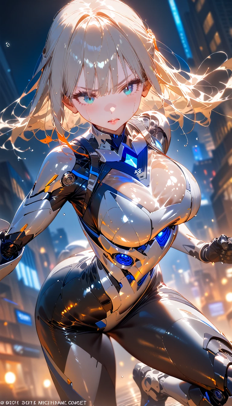 woman,14 years old,,city,night,(((white tight miniskirt bodysuit))),(wet with sweat),open mouth smile((See-through))Glasses,((Beautiful long ponytail)),(()),blush、surprised face,(((Tentacles wrap around the body)))raped by tentacles,((blonde))(((There is slime on the body)))
