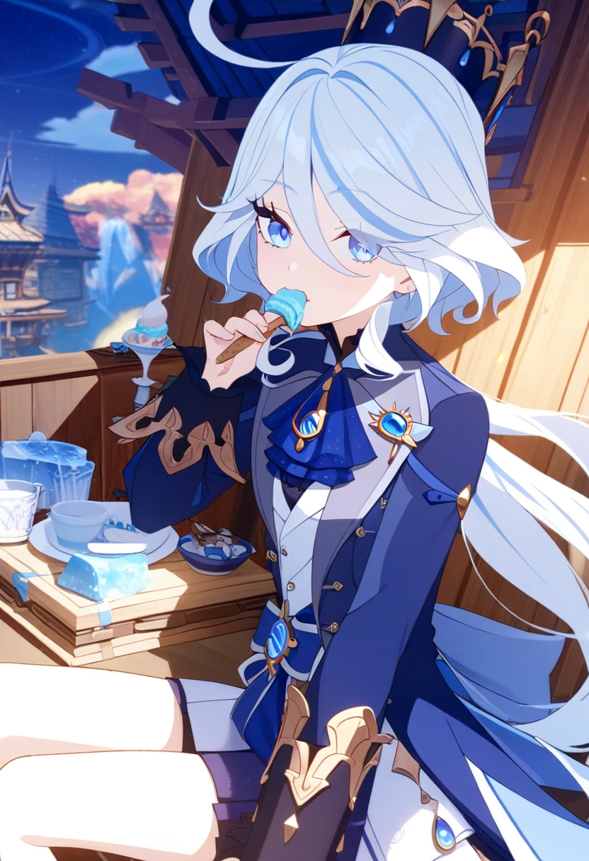 1girl, white hair, long hair, furina, genshin impact, open clothes, topic, skirt, looking at viewer, eatin ice cream sitting on a build edge, masterpiece, 8k, ultra-detailed, highres, magical girl