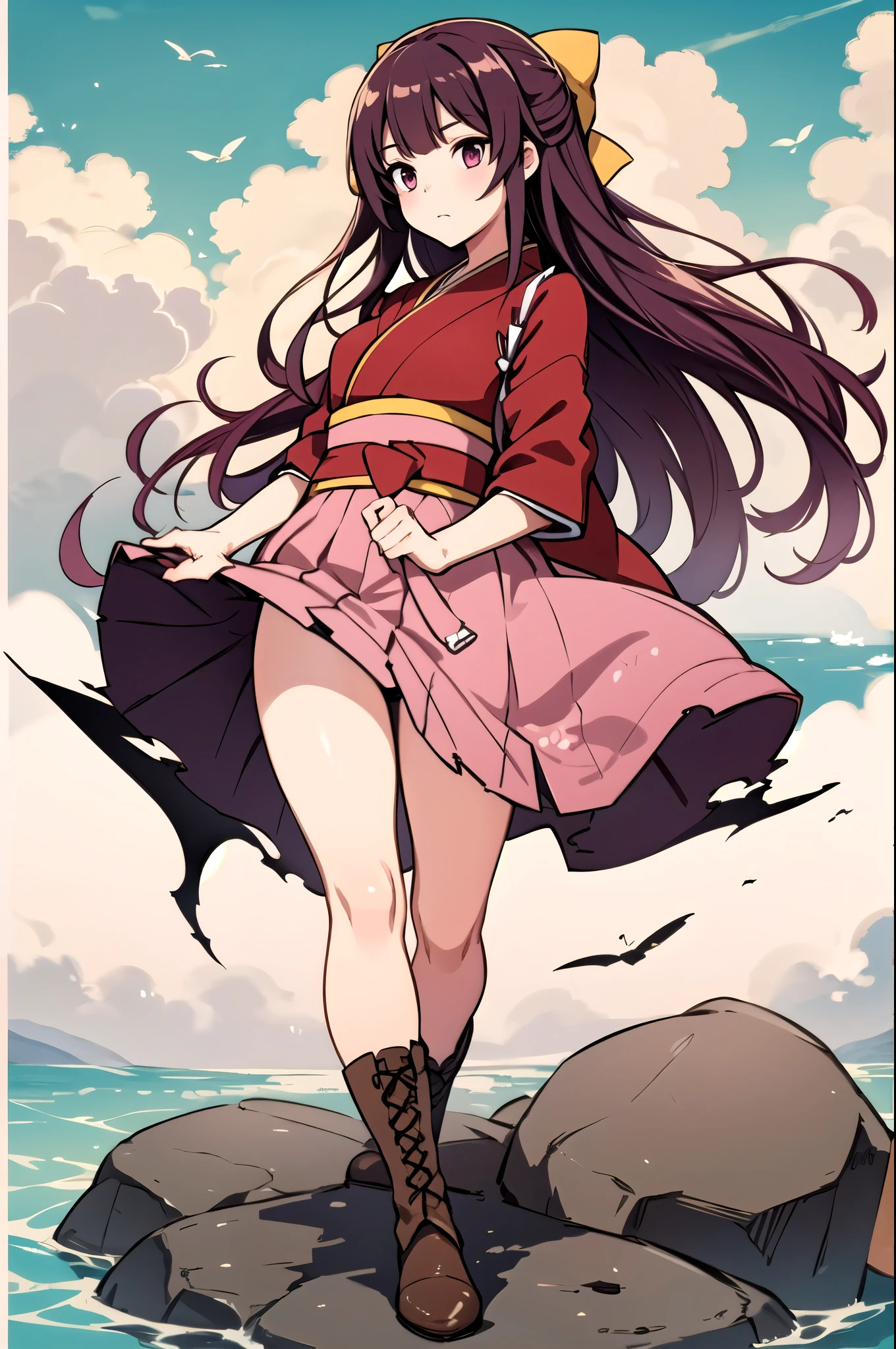 masterpiece, Best Quality,  ocean, sunlight,
 1 girl, Long Hair, pink Similarly, Alone, kimono, Similarly, skirt, skirt,  boots,  Meiji era uniforms , kimono,  cross lace shoes,  Pink Hair, mechanical, lace-up  boots, Pink Eyes, Brown footwear, bow, , hair bow, red kimono, torn skirt, whole body, yellow bow, consultation,  gradation hair , panties, feet , feetを上げてください